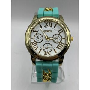 Geneva Women's Quartz Watch Teal Silicone Band Gold Link Accent- New Battery